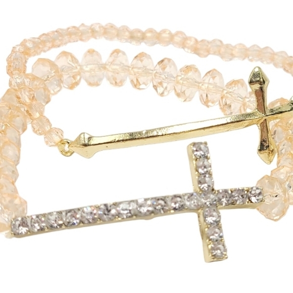 Faceted Champayne Beaded Cross Bracelet Set with Rhinestones and gold accent - Picture 4 of 4